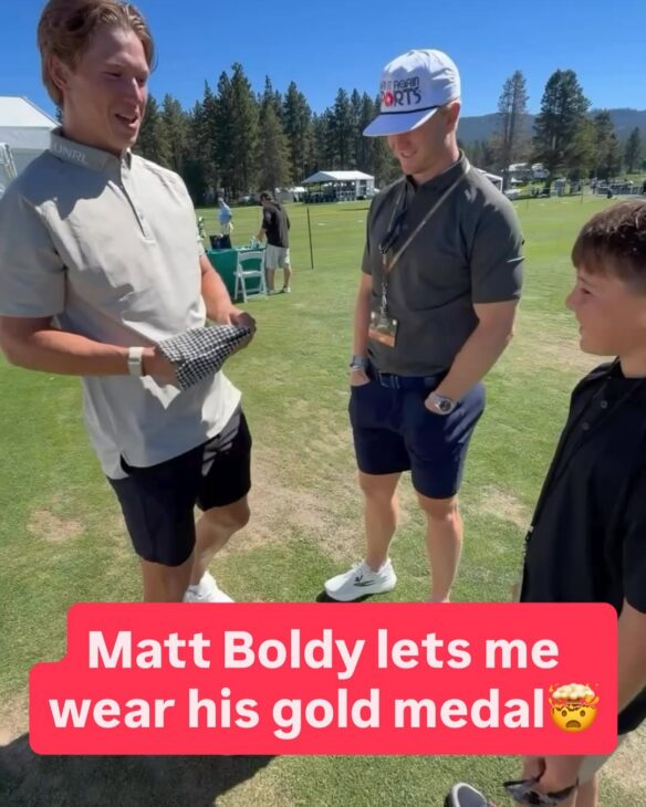 Olympic winner @mattboldy let me wear his 2026 gold medal at the @acchampionship 🥇🤯 #nhl #golf #celebritygolftournamen…